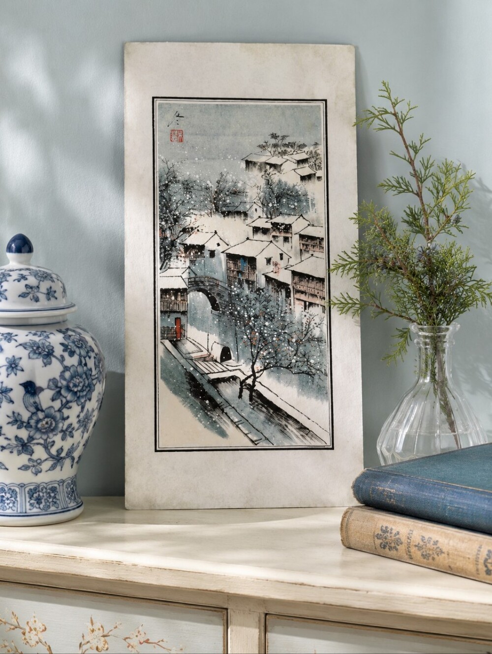 Vintage Chinese Winter Village Art Print Snow Landscape Red Seal